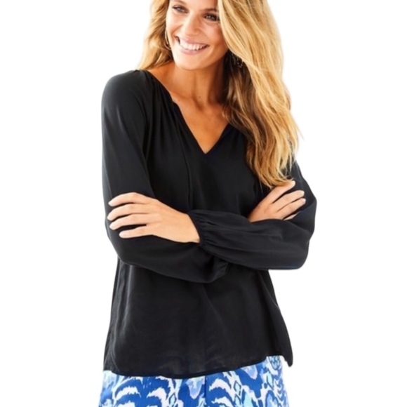 Lilly Pulitzer Willa Onyx Black Tie Neck Blouse - S - Picture 2 of 12